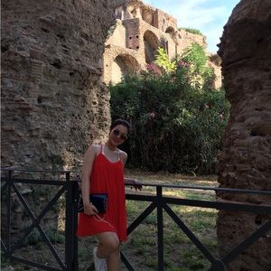 Red pleated shift dress size S